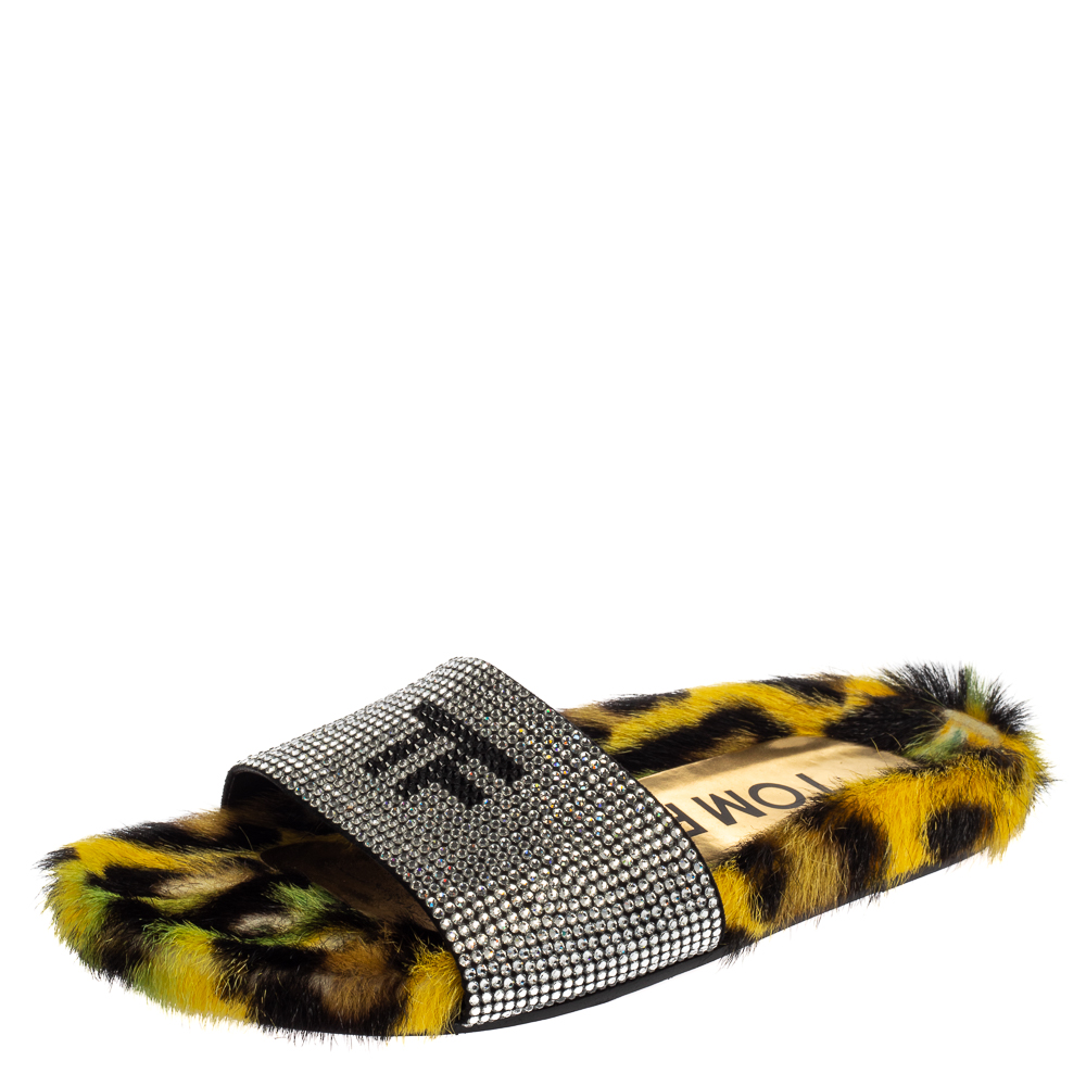 Pre-owned Tom Ford Yellow/black Crystal Embellished And Leopard Print Fur Slides Size 35