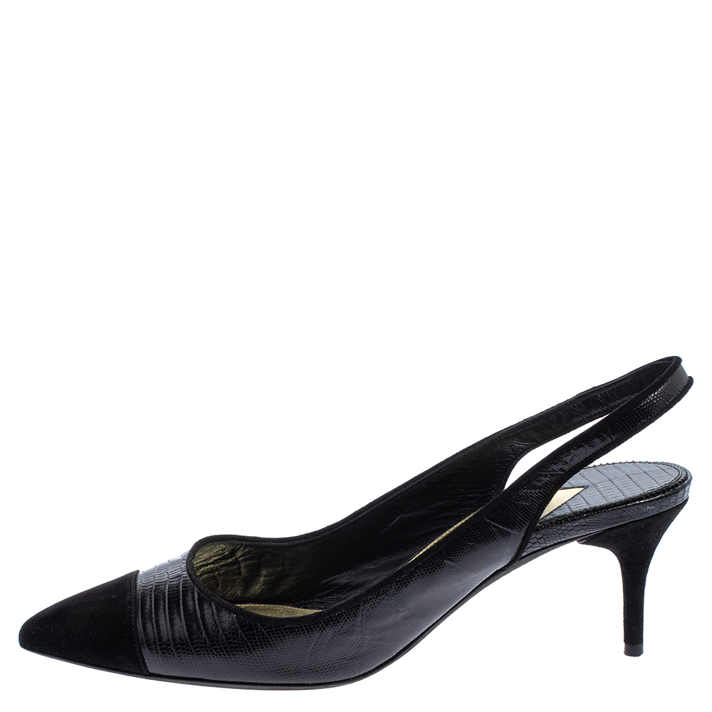 

Tom Ford Black Lizard Embossed Leather And Suede Slingback Pumps Size