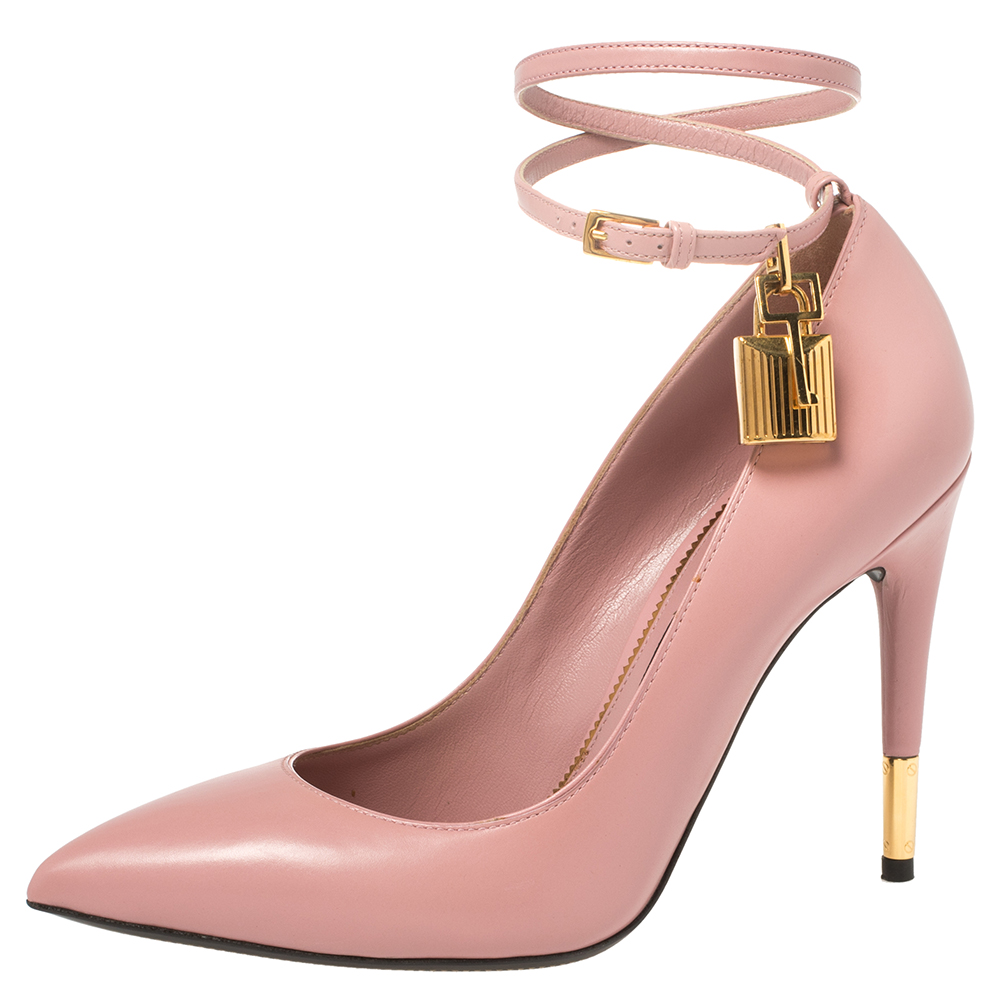 Pre-owned Tom Ford Pink Leather Padlock Ankle Strap Pointed Toe Pumps Size 37.5