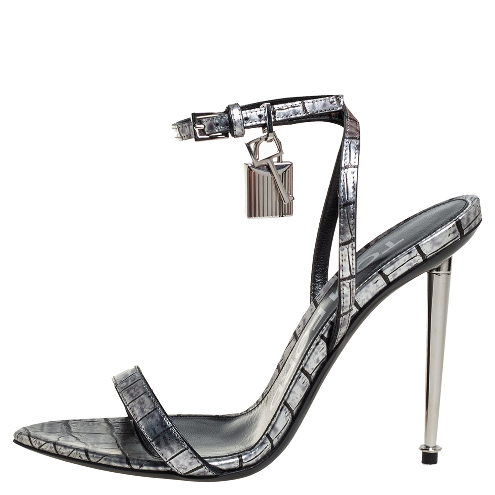 

Tom Ford Silver Embossed Leather Padlock Pointy Naked Sandals Size