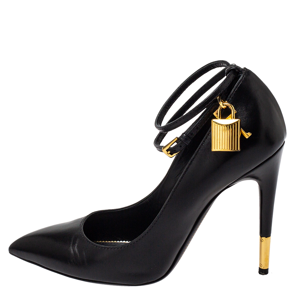

Tom Ford Black Leather Padlock Ankle Wrap Pointed Toe Pumps Size