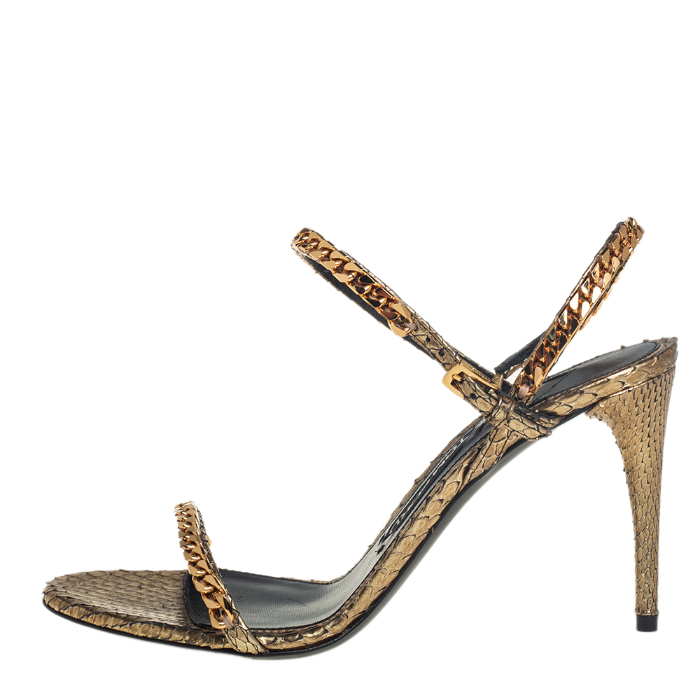 

Tom Ford Metallic Gold Python Leather Chain Embellished Slingback Sandals Size