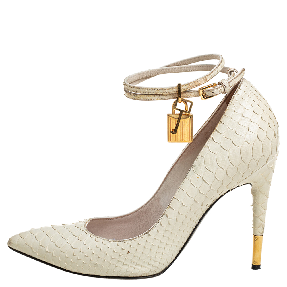 

Tom Ford Off White Python Padlock Ankle Strap Pumps Size