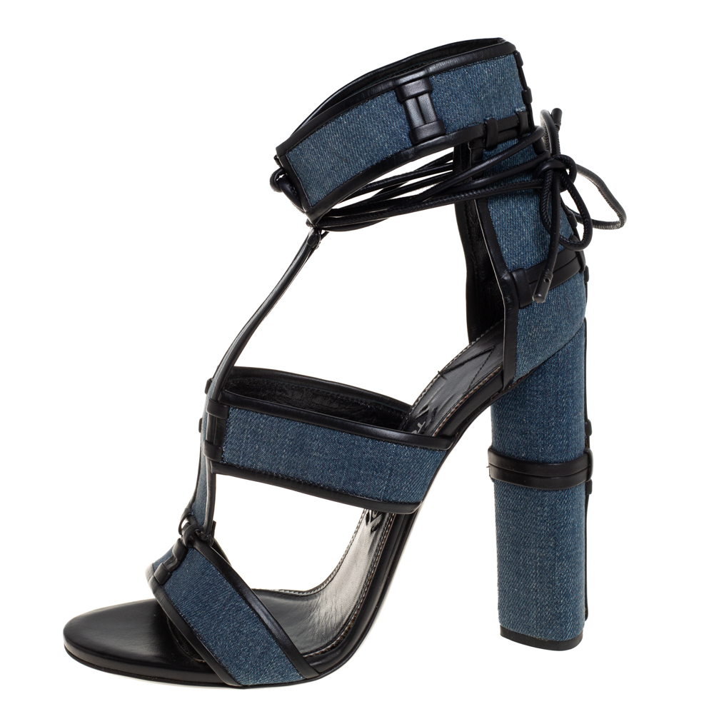 

Tom Ford Blue Denim And Leather Cage Ankle Wrap Sandals Size