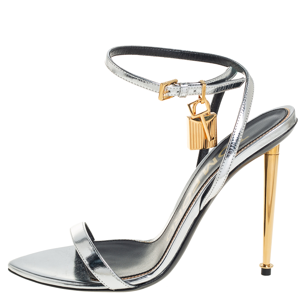 

Tom Ford Silver Leather Lock Ankle Strap Sandals Size