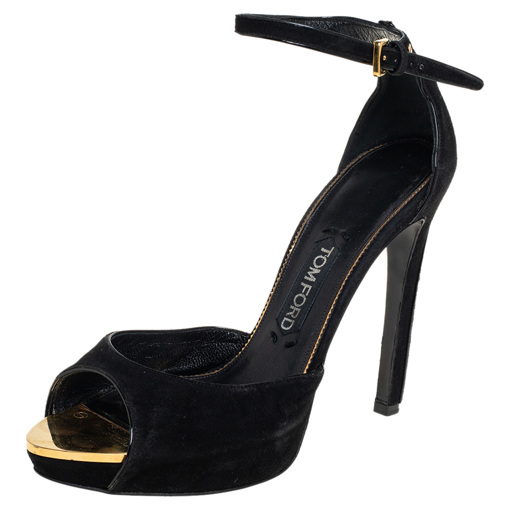 

Tom Ford Black Suede Screw Studded Ankle Strap Sandals Size