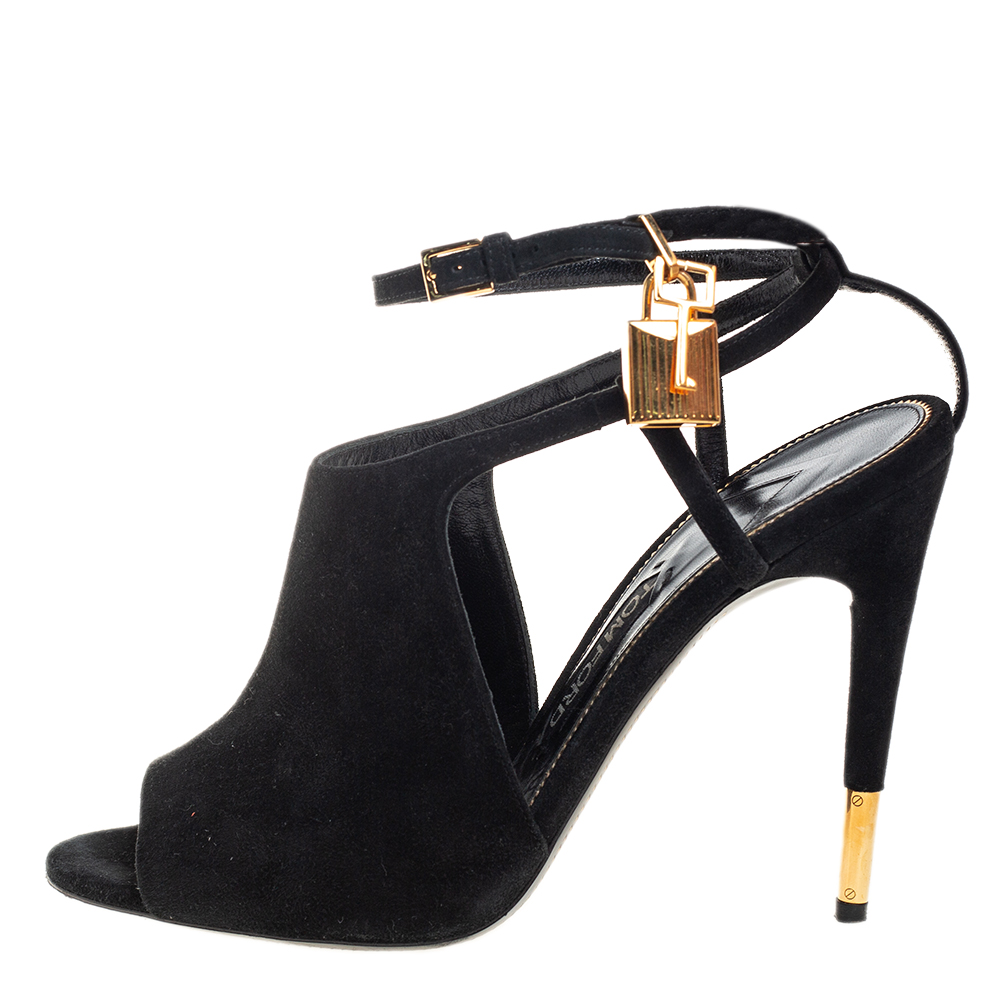 

Tom Ford Black Suede Peep Toe Ankle Strap Sandals Size