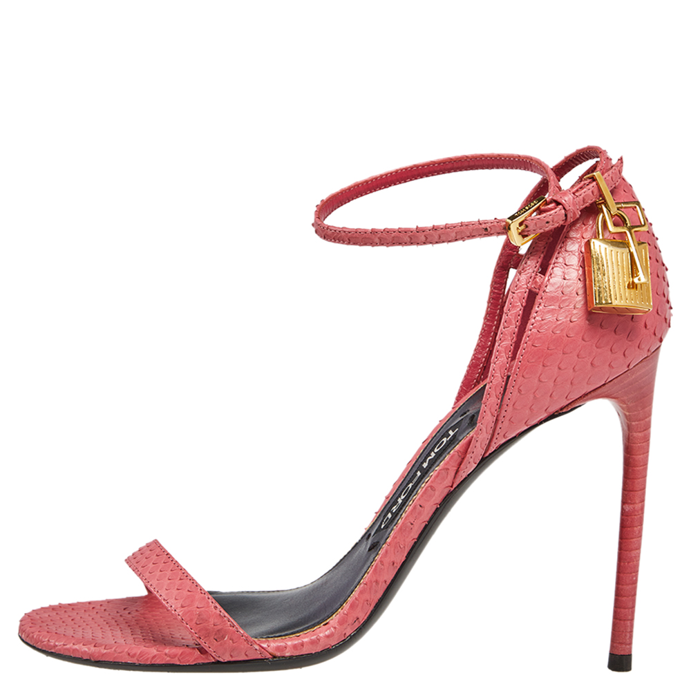 

Tom Ford Pink Python Leather Chain Embellished Ankle Strap Sandals Size