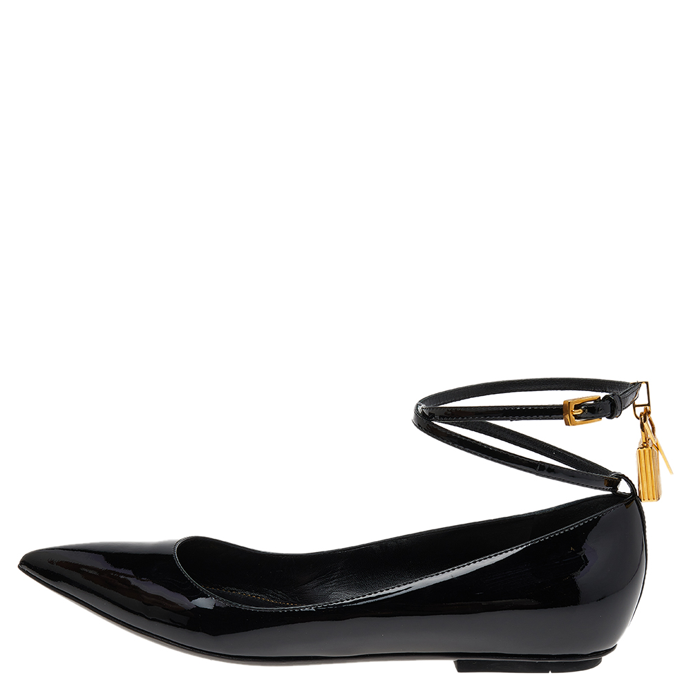 

Tom Ford Black Patent Leather Padlock Ankle Strap Ballet Flats Size