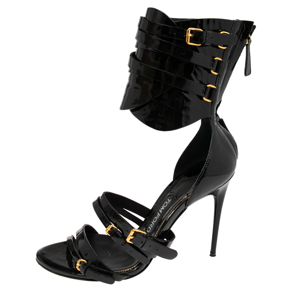 

Tom Ford Black Patent Leather Gladiator Triple Buckle Sandals Size