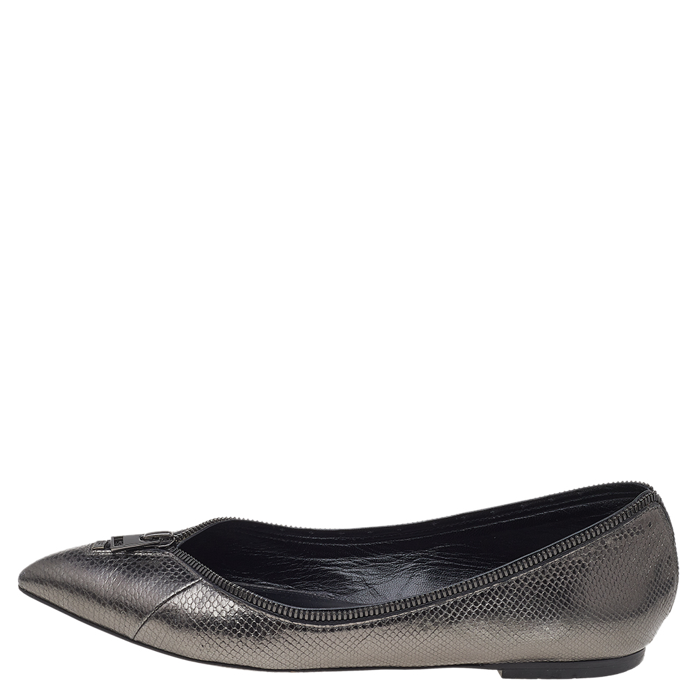 

Tom Ford Metallic Grey Embossed Karung Leather Zipper Pointed Toe Ballet Flats Size