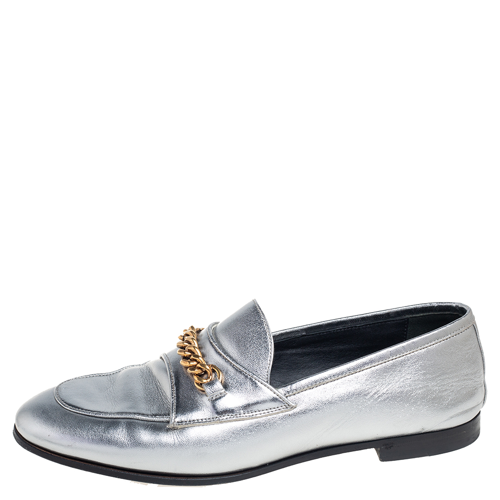 

Tom Ford Metallic Siver Leather Chain Loafers Size, Silver