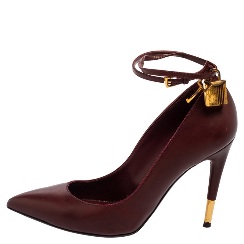 

Tom Ford Burgundy Leather Padlock Ankle Wrap Pointed Toe Pumps Size