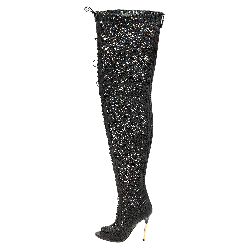 

Tom Ford Black Leather Lace Up Over The Knee Boots Size