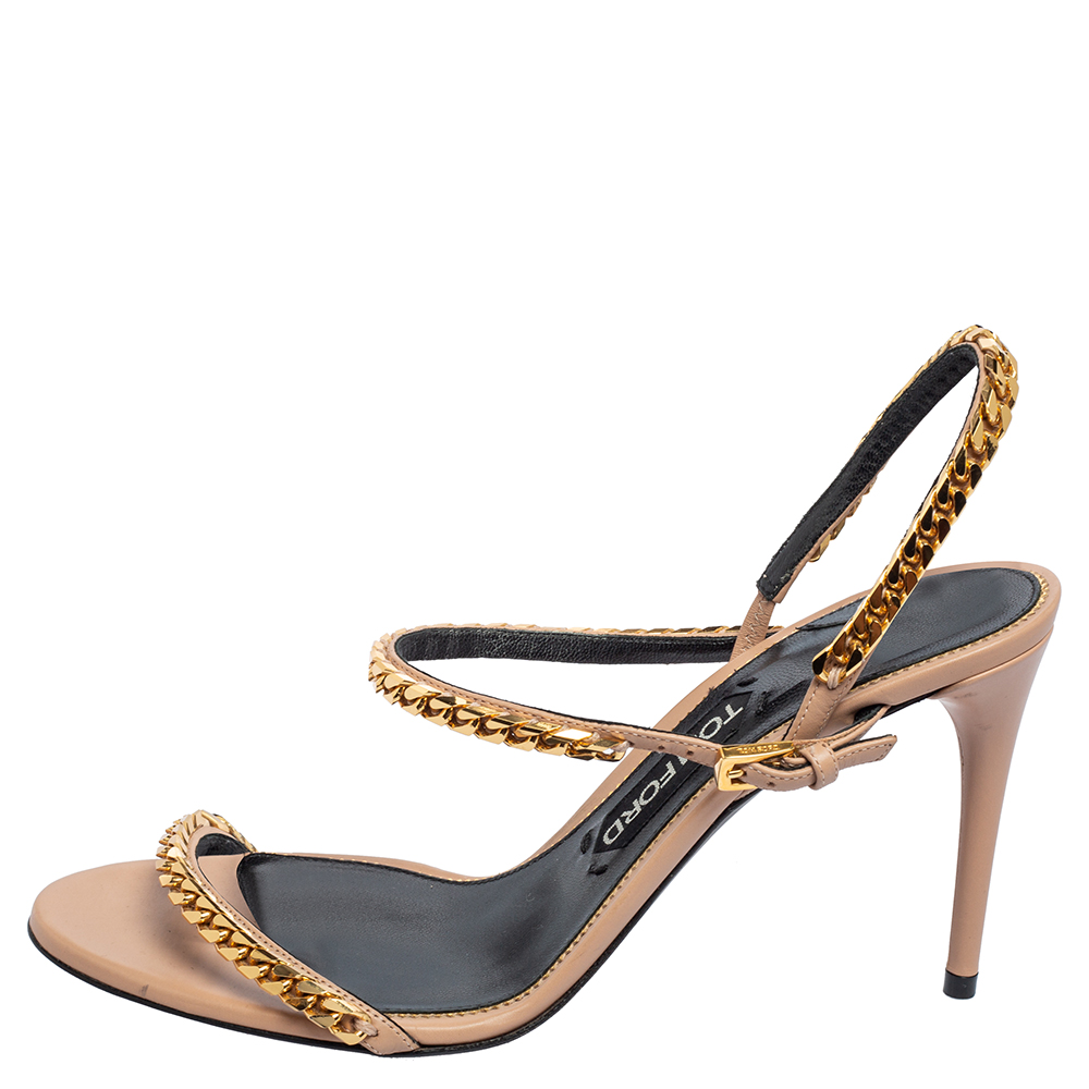 

Tom Ford Beige Leather Chain Embellished Slingback Sandals Size