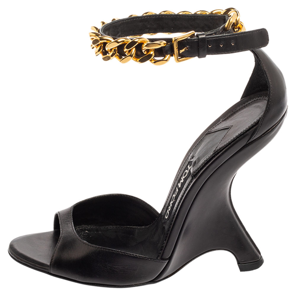 

Tom Ford Black Leather Ankle Chain Strap Wedge Sandals Size