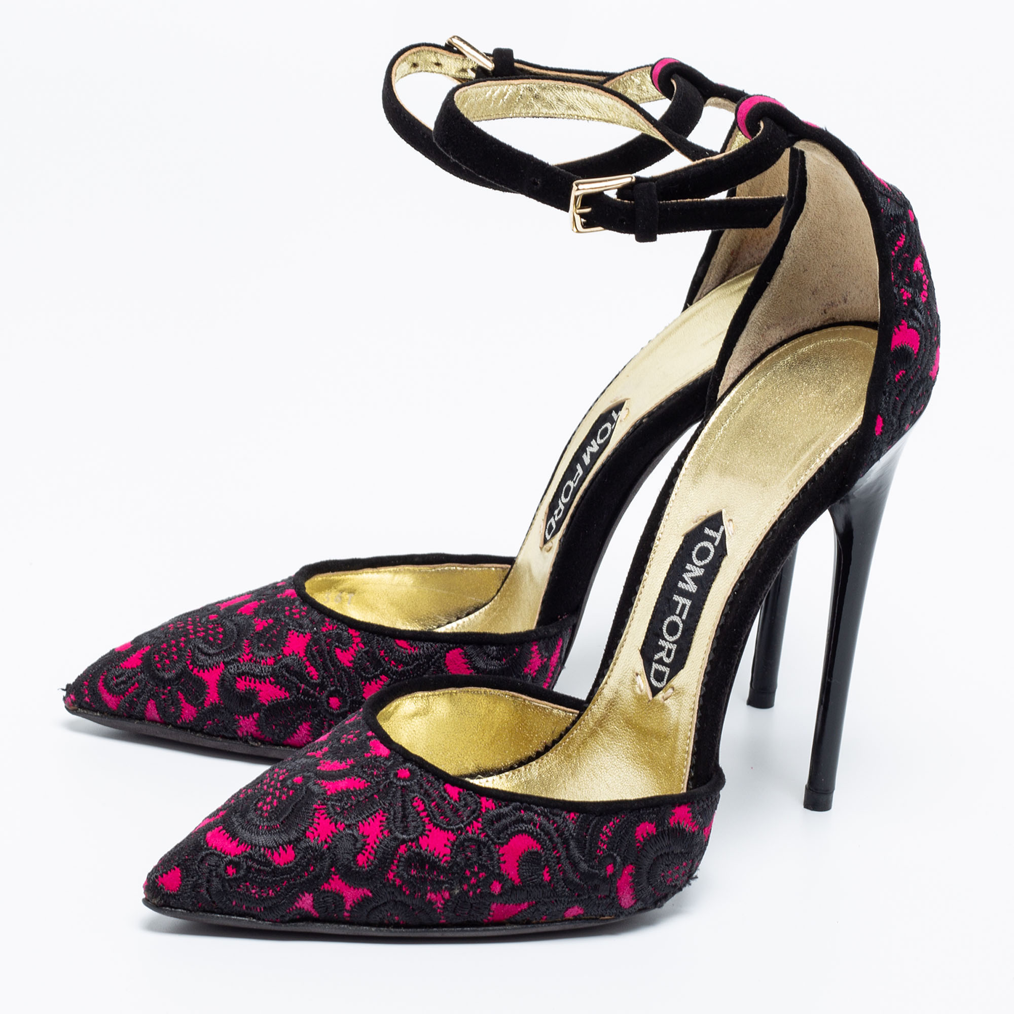 

Tom Ford Fuchsia/Black Embroidered Suede D'Orsay Pointed Toe Ankle Strap Pumps Size, Pink