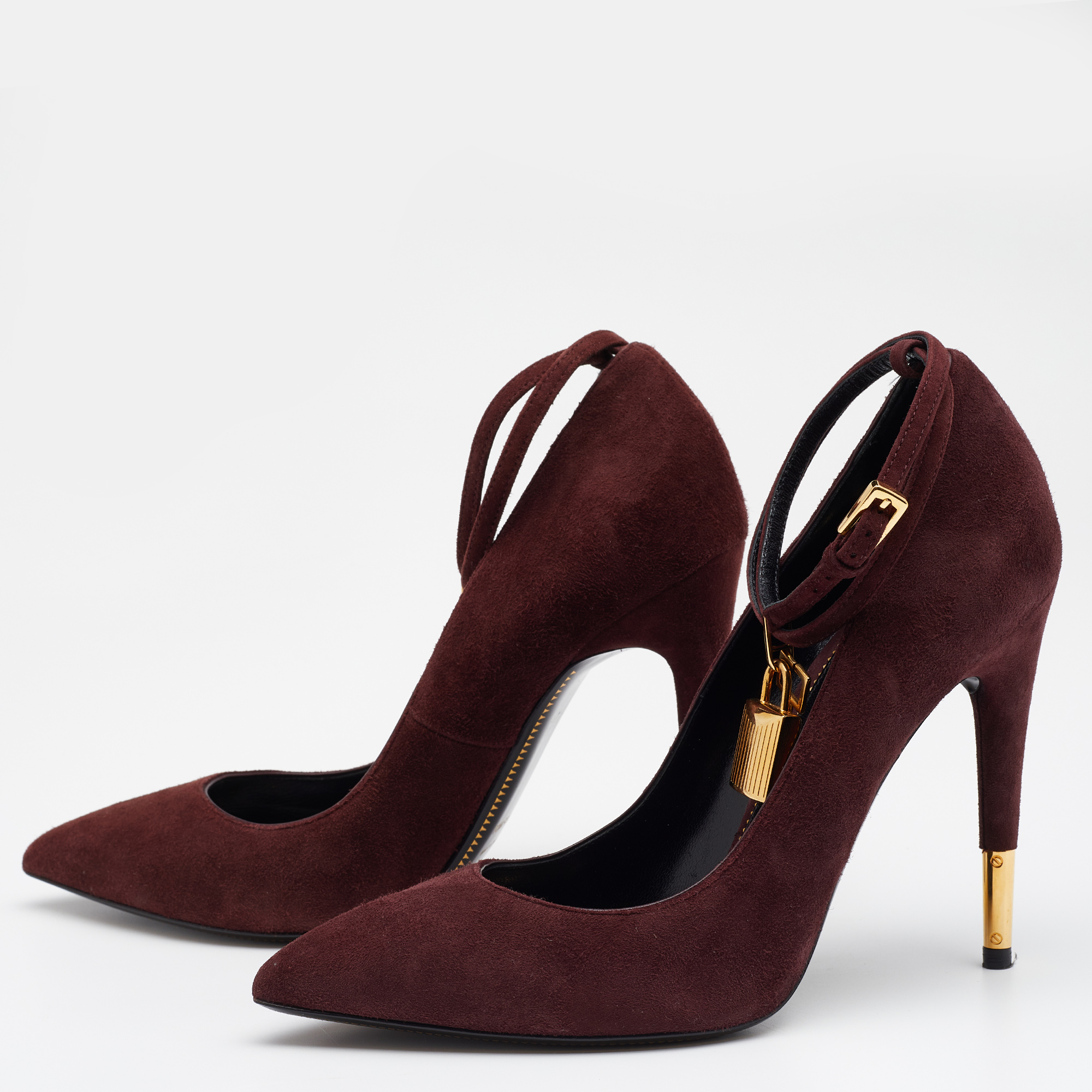 

Tom Ford Burgundy Suede Padlock Ankle Wrap Pumps Size