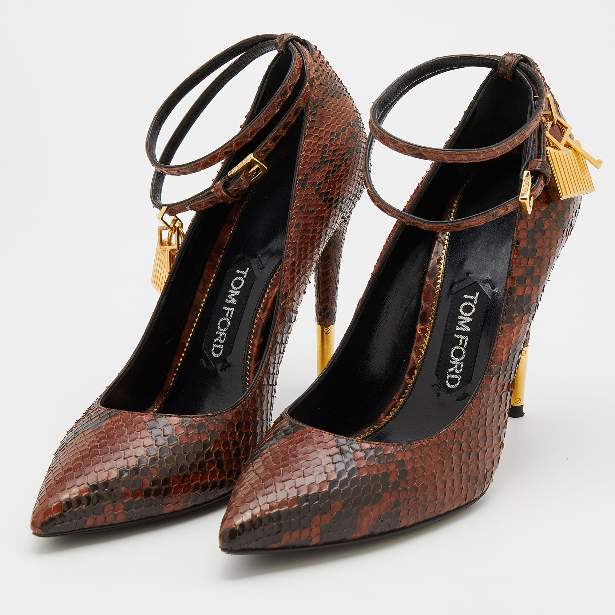 

Tom Ford Brown Snakeskin Leather Padlock Pointed Toe Ankle Strap Pumps Size