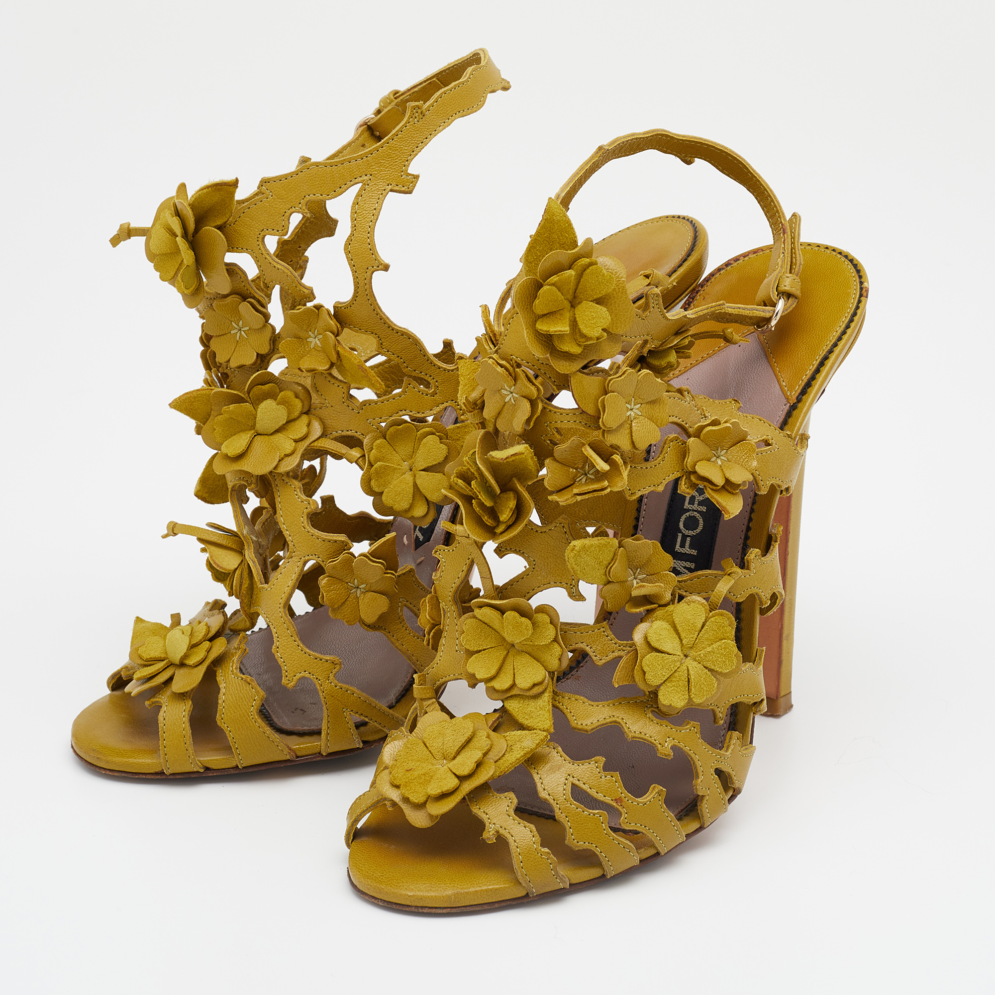 

Tom Ford Mustard Yellow Leather Floral Embellished Ankle Strap Sandals Size