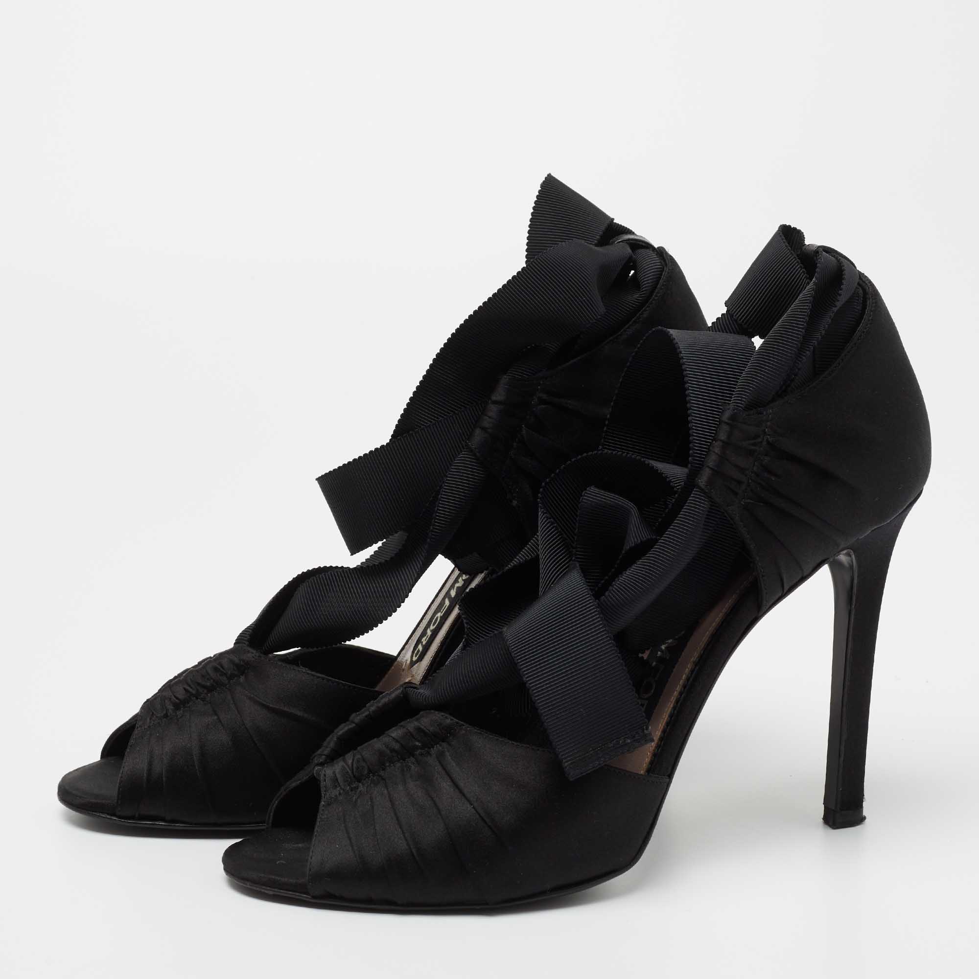 

Tom Ford Black Satin Open Toe Ankle Wrap Sandals Size