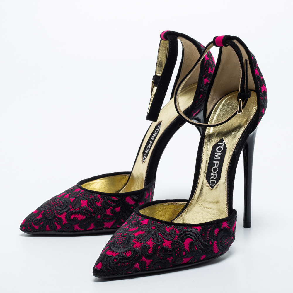 

Tom Ford Pink/Black Embroidered Fabric Pointed Toe Ankle Strap Pumps Size