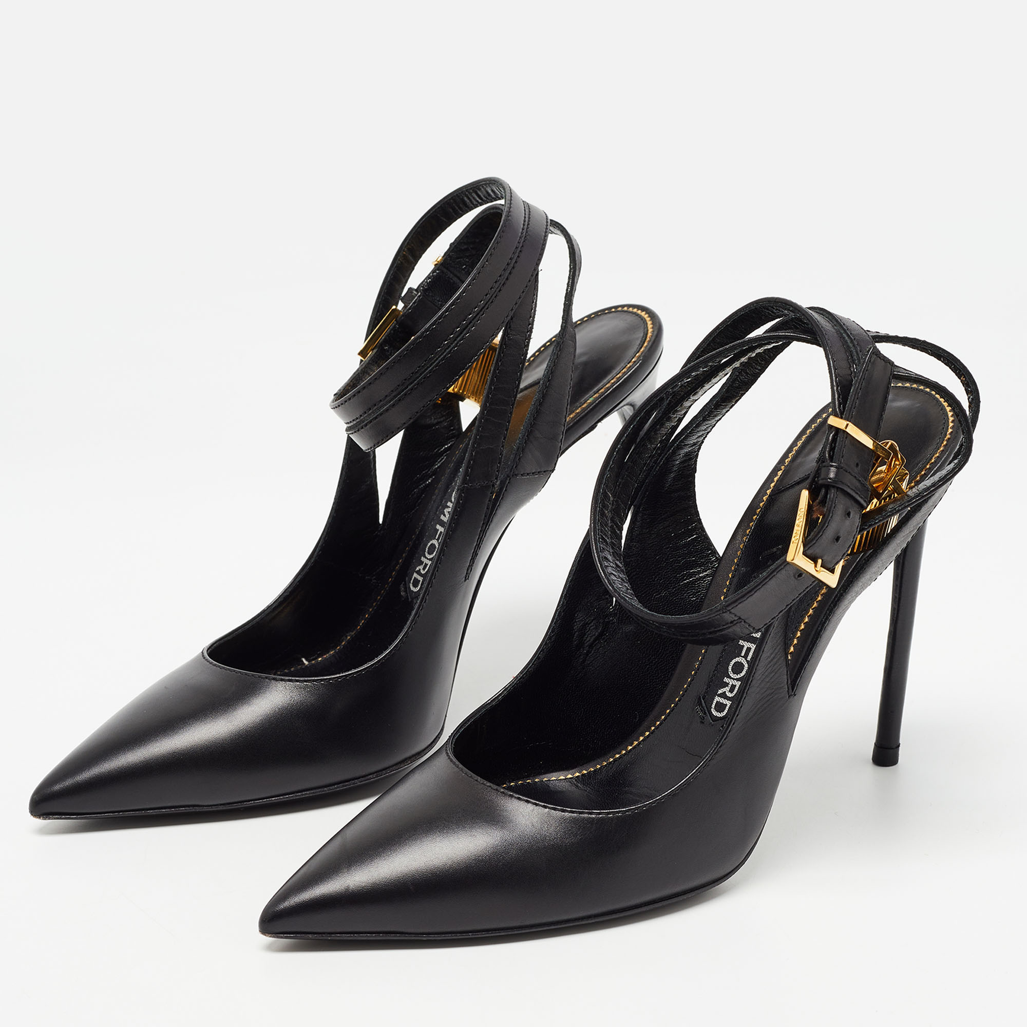 

Tom Ford Black Leather Padlock Ankle Wrap Pumps Size