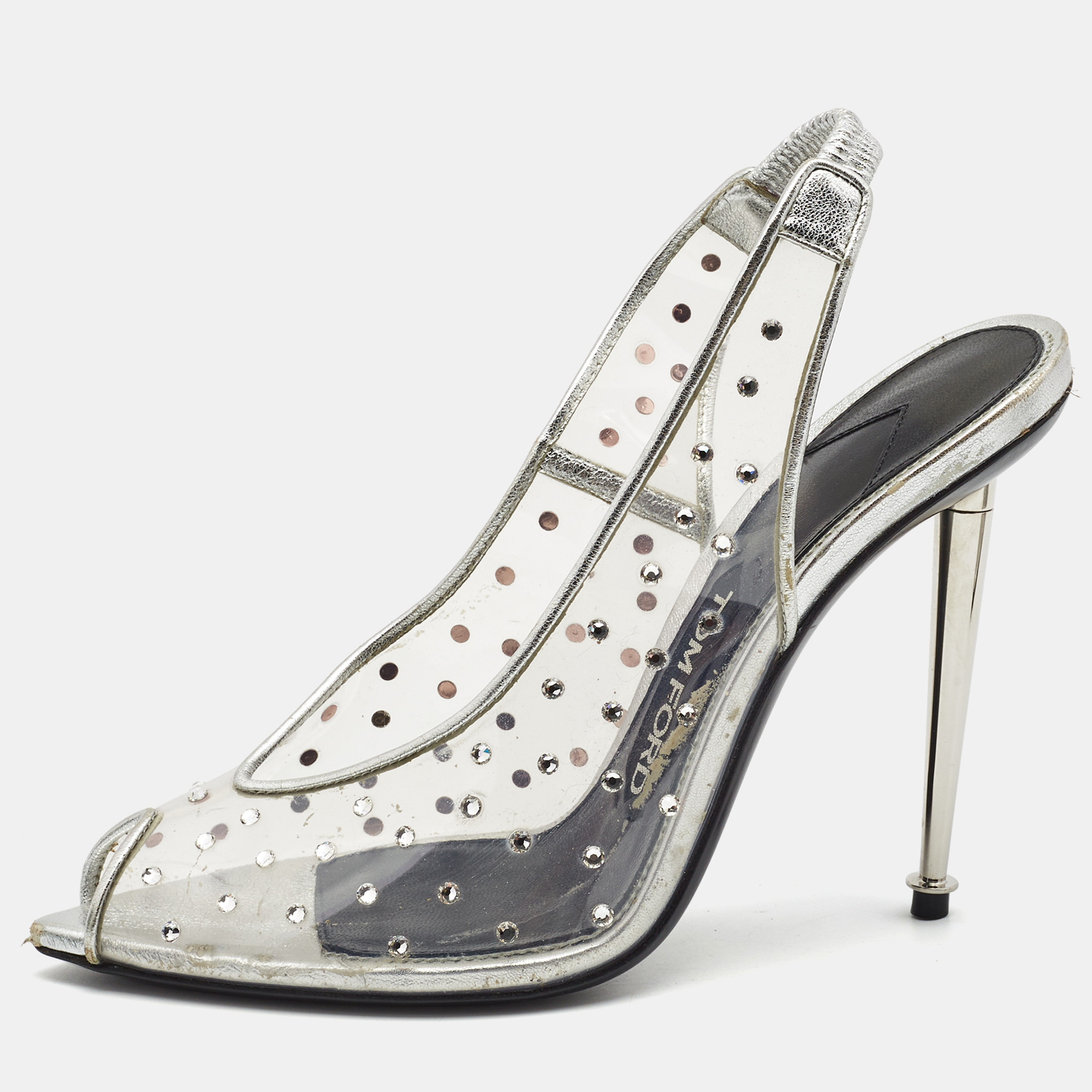 Pre-owned Tom Ford Silver/transparent Pvc And Leather Crystal Embellished Slingback Pumps Size 36