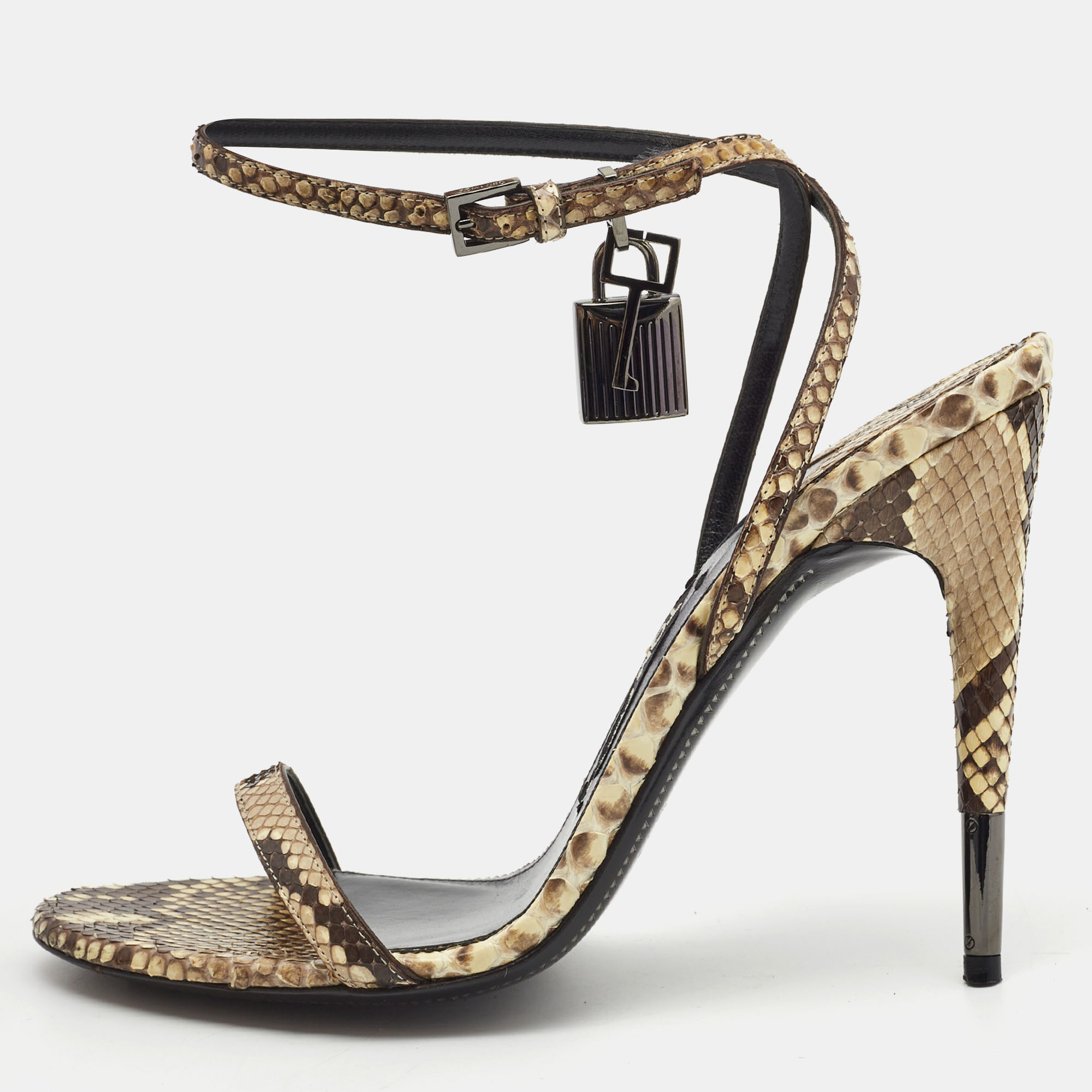Pre-owned Tom Ford Cream/brown Python Padlock Sandals Size 40