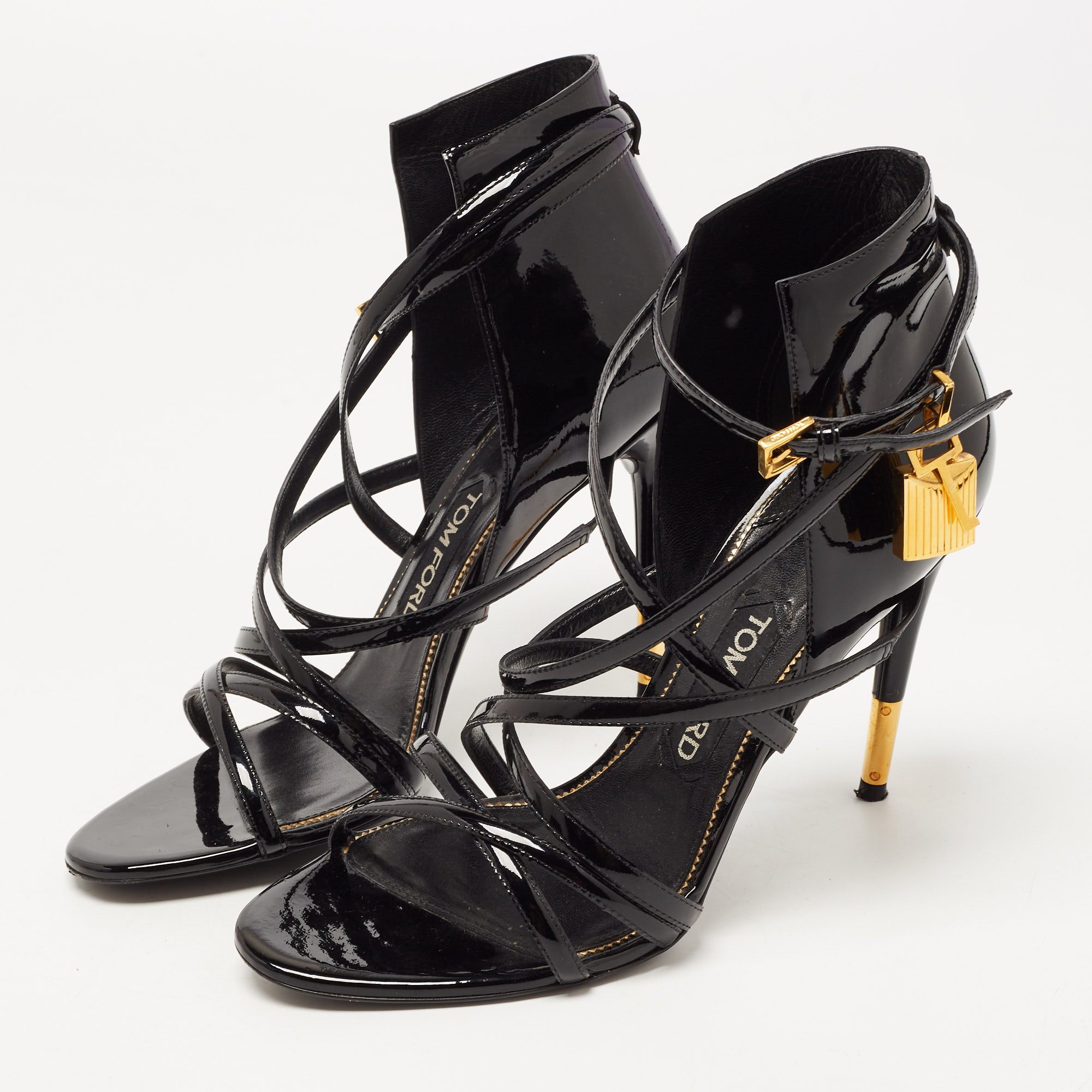 

Tom Ford Black Patent Leather Padlock Strappy Sandals Size