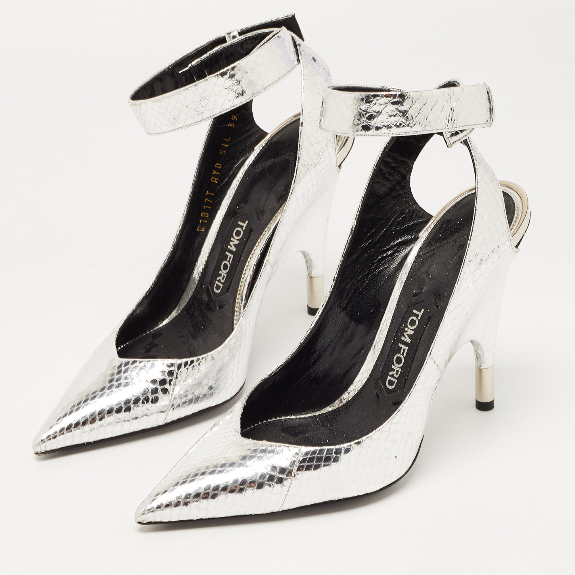 

Tom Ford Silver Python Embossed Leather Ankle Strap Wedge Pumps Size
