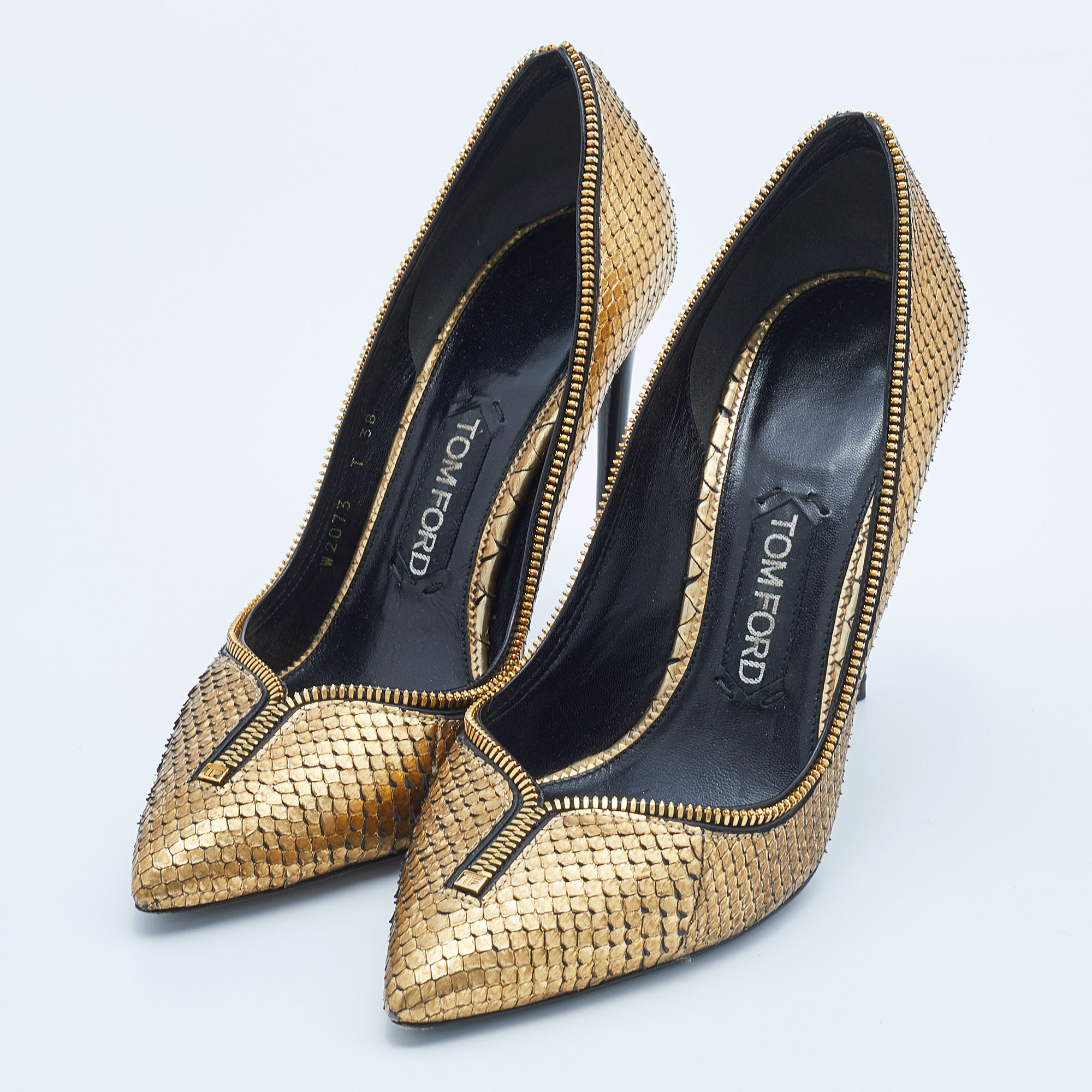 

Tom Ford Metallic Gold Watersnake Leather Zipper Trim Pumps Size