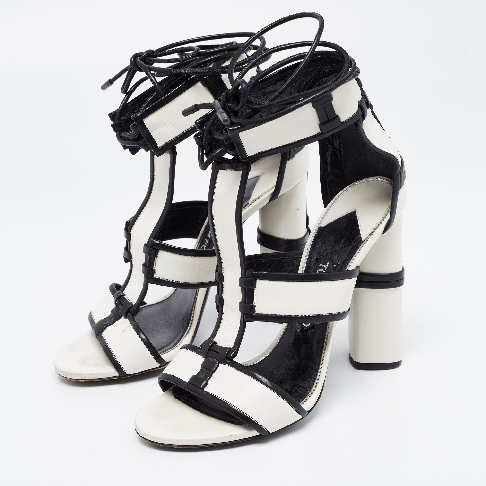 

Tom Ford White/Black Paneled Leather Patchwork Ankle Strap Sandals Size