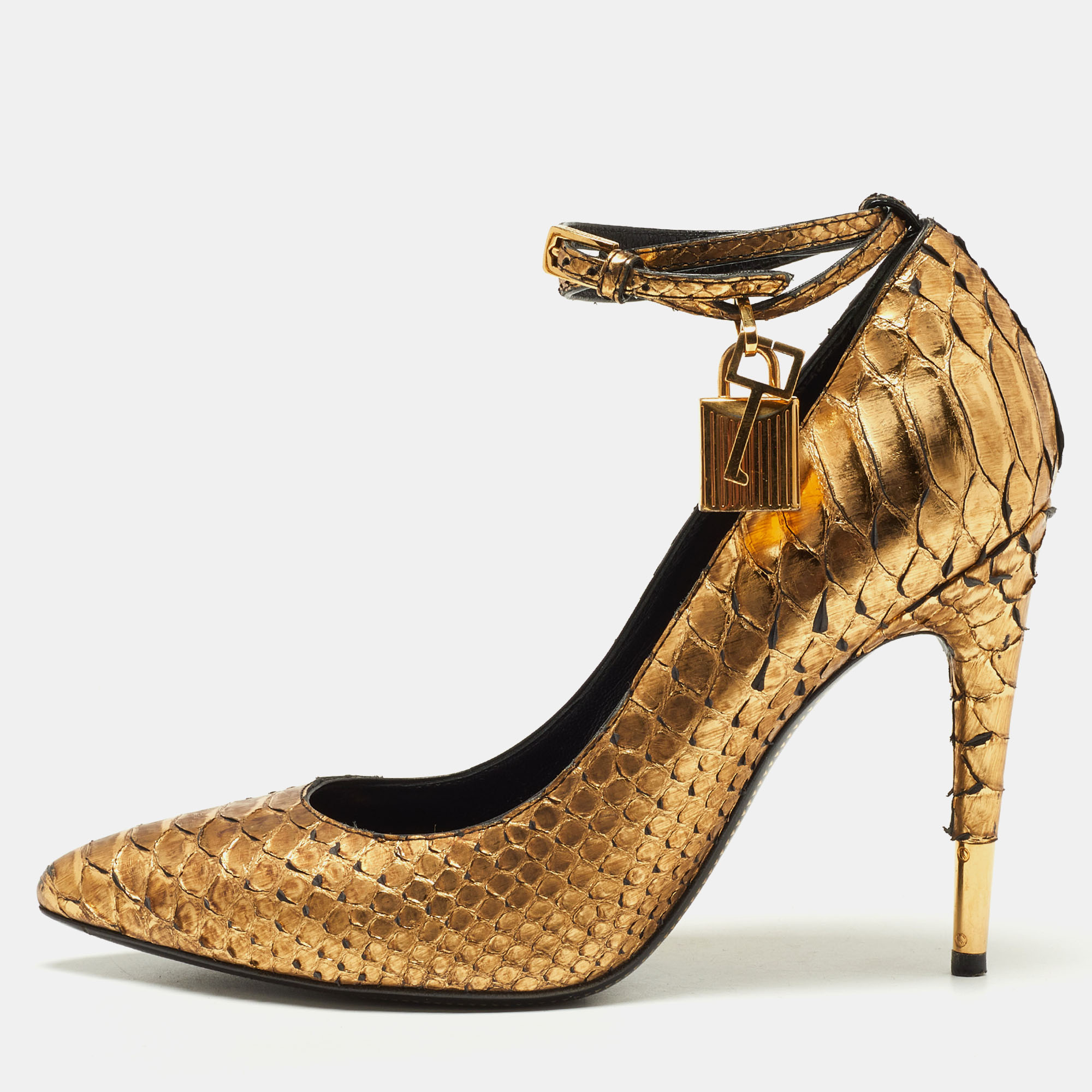 Pre-owned Tom Ford Gold Python Leather Padlock Pumps Size 37.5
