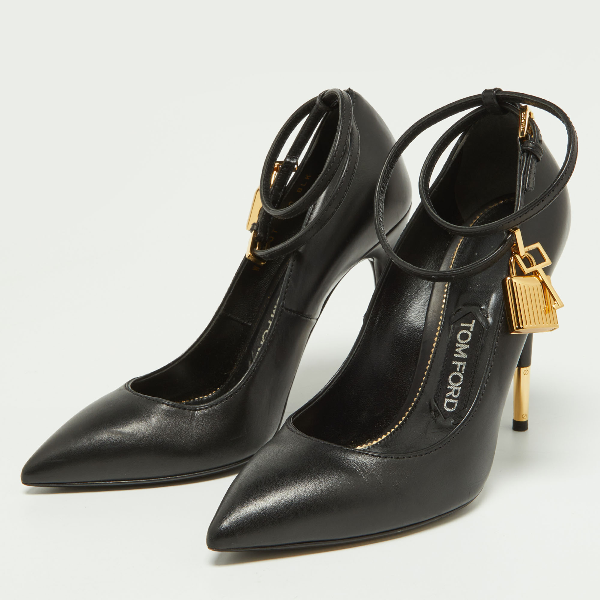 

Tom Ford Black Leather Padlock Ankle Wrap Pumps Size