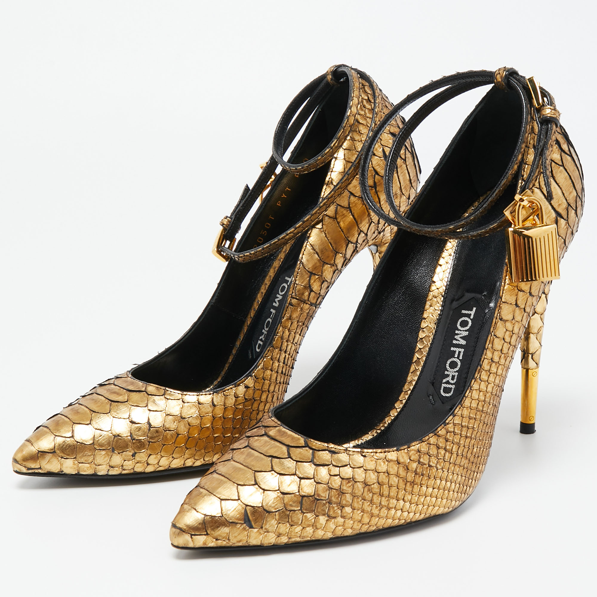 

Tom Ford Gold Python Padlock Ankle Strap Pumps Size