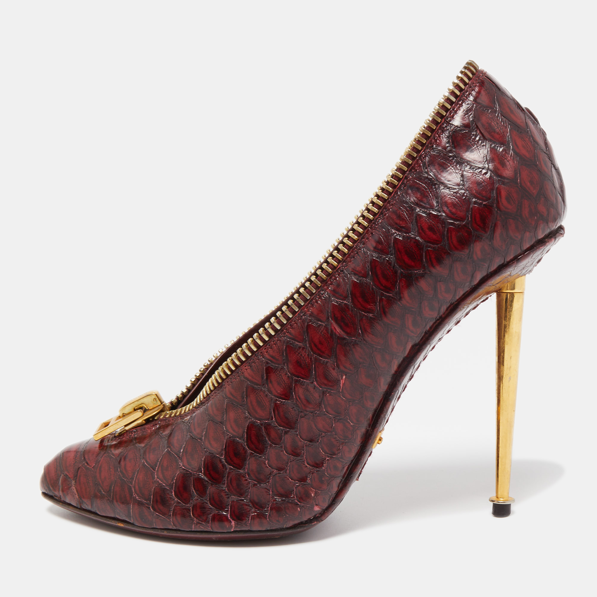 Pre-owned Tom Ford Burgundy Python Zipper Detail Pumps Size 38.5