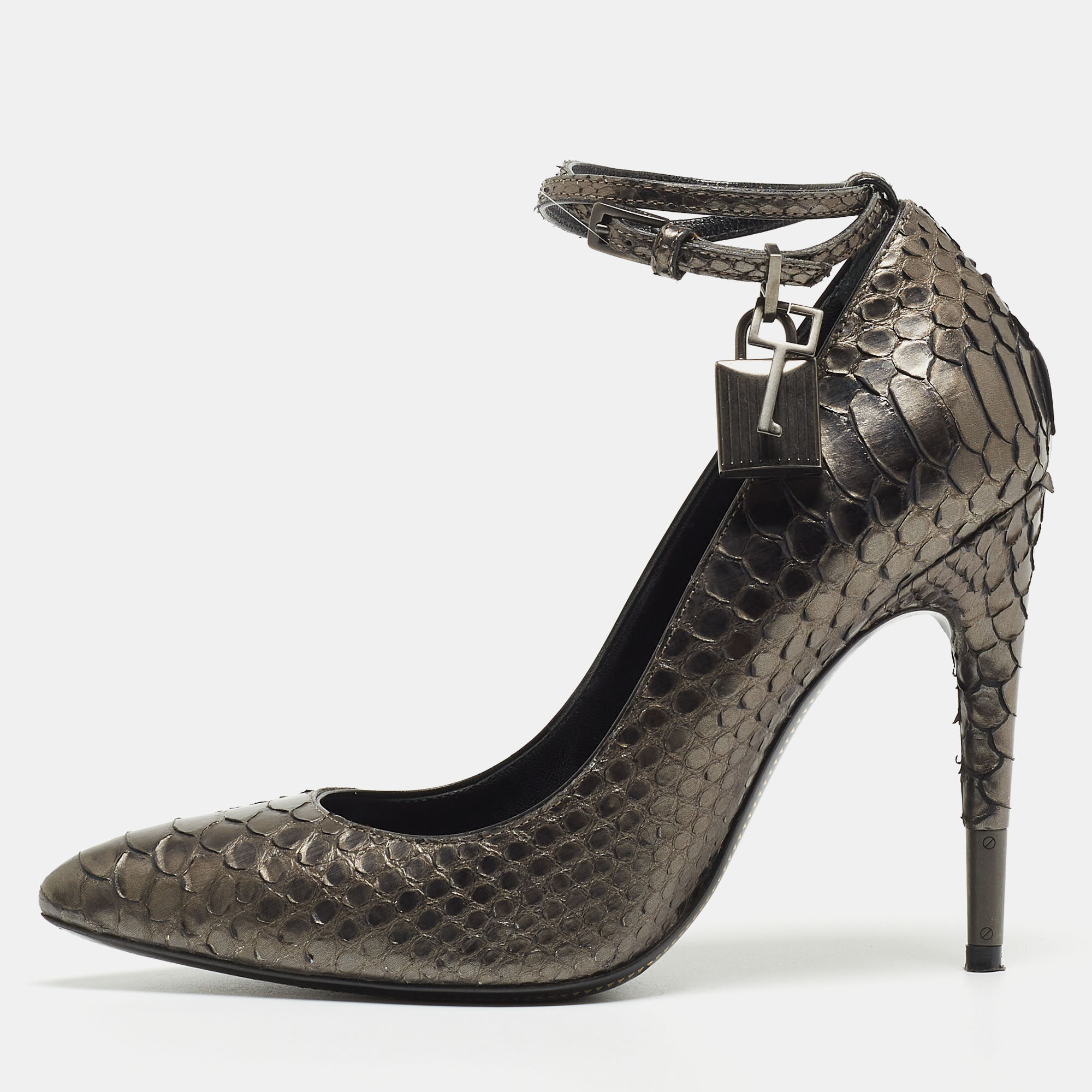 Pre-owned Tom Ford Grey Metallic Python Padlock Ankle Wrap Pumps Size 36.5