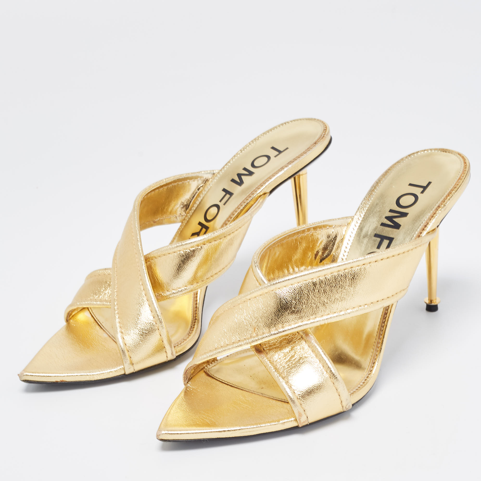 

Tom Ford Foil Leather Criss Cross Slide Sandals Size, Gold