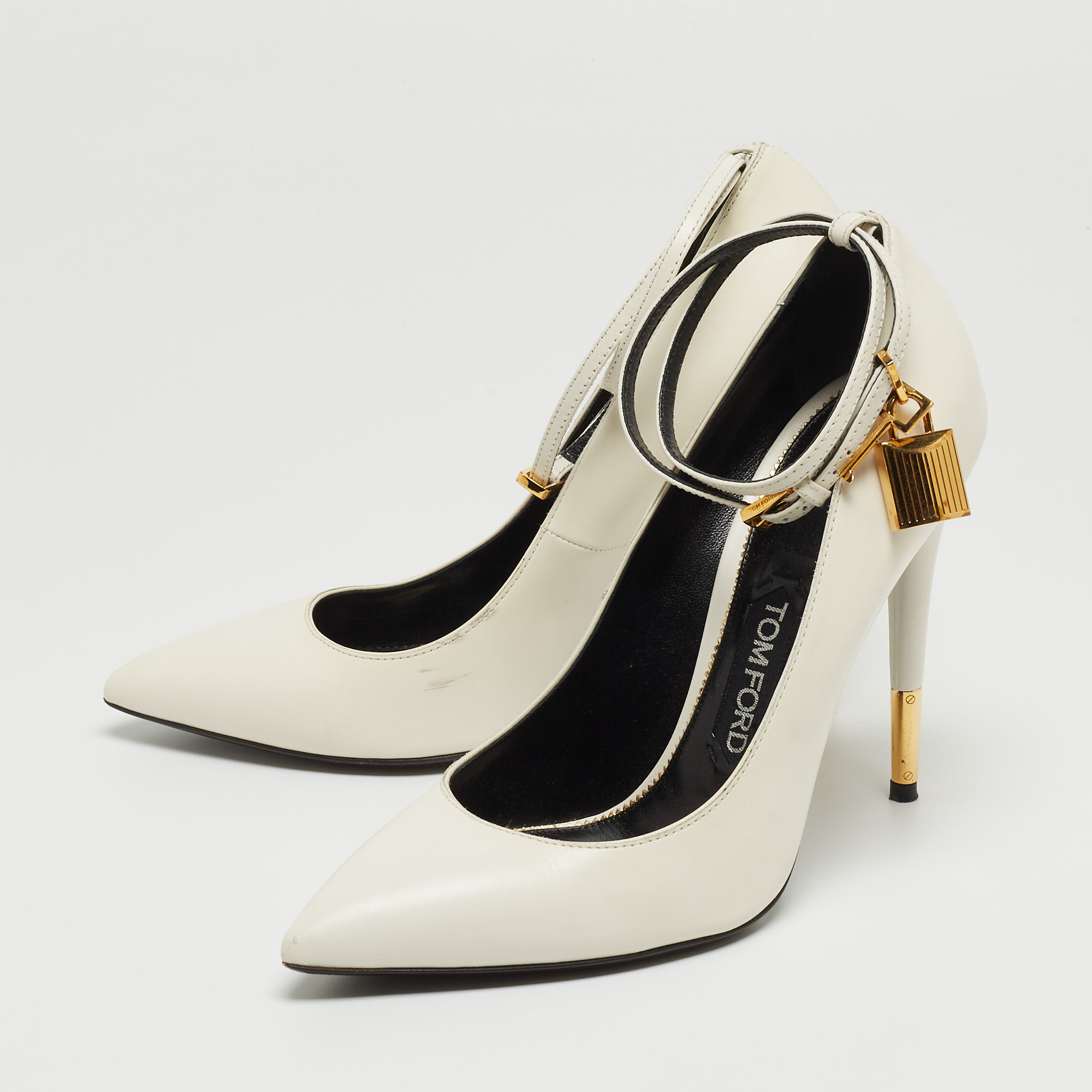 

Tom Ford White Leather Padlock Ankle Wrap Pumps Size