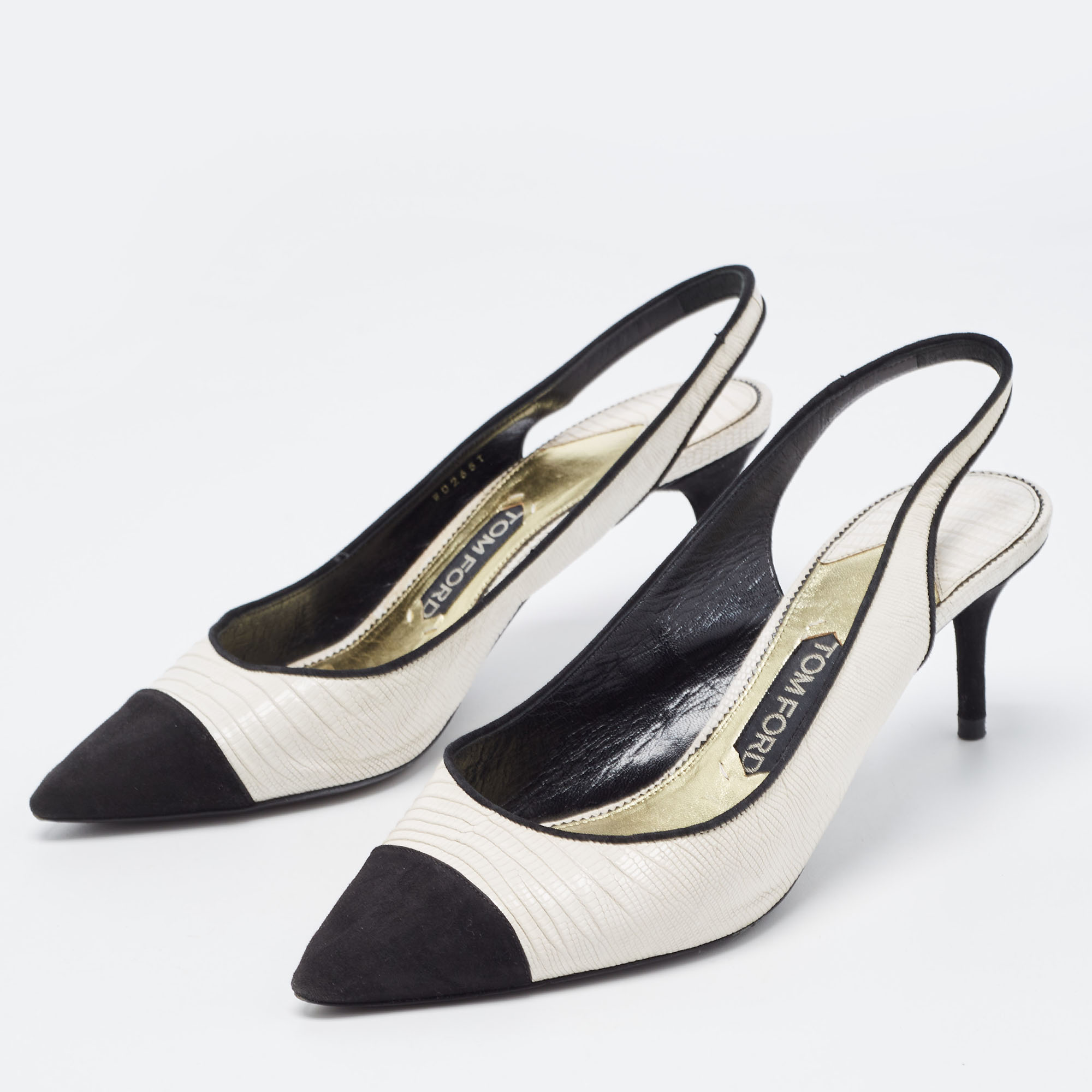 

Tom Ford White/Black Embossed Lizard and Suede Slingback Pumps Size