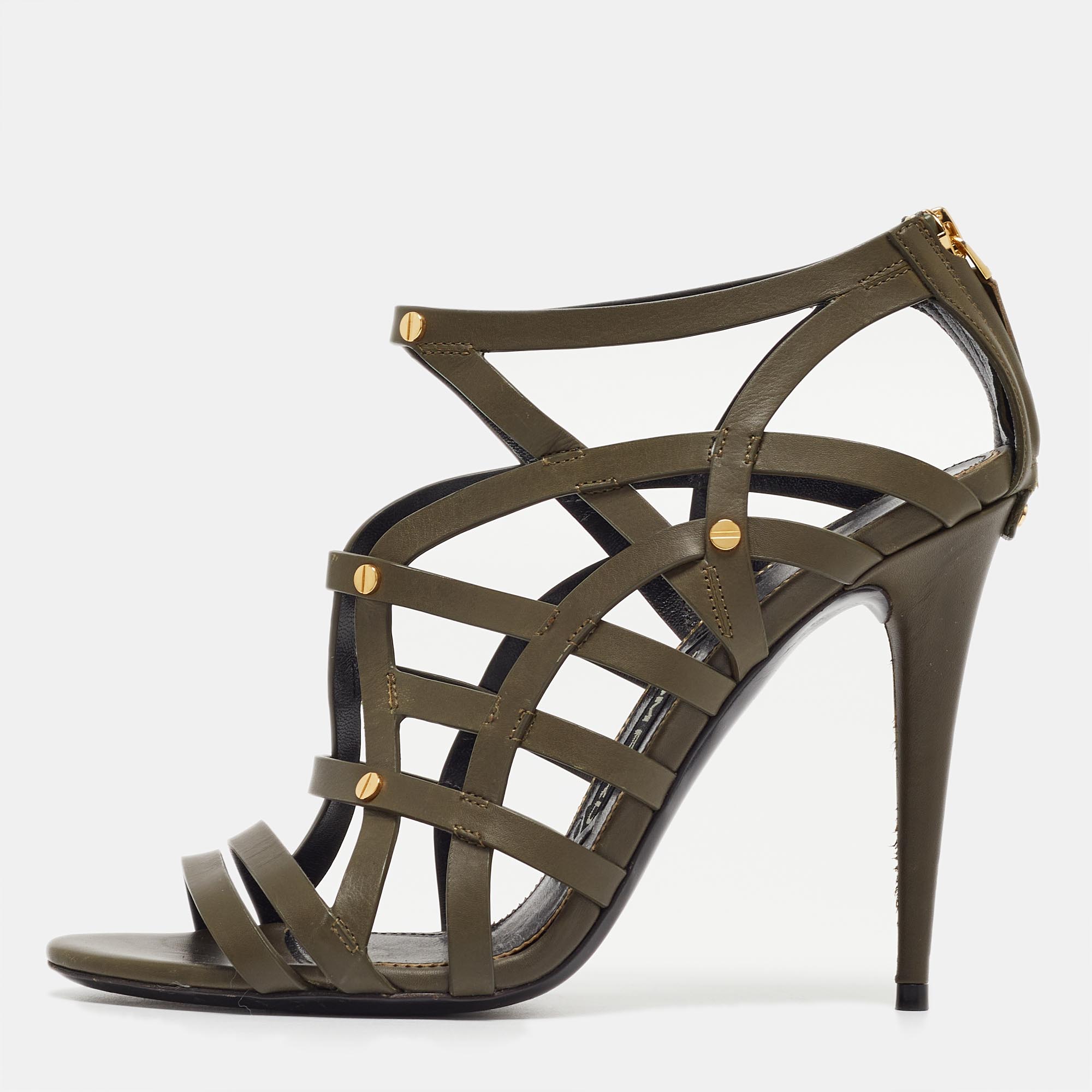 Pre-owned Tom Ford Army Green Leather Caged Sandals Size 38