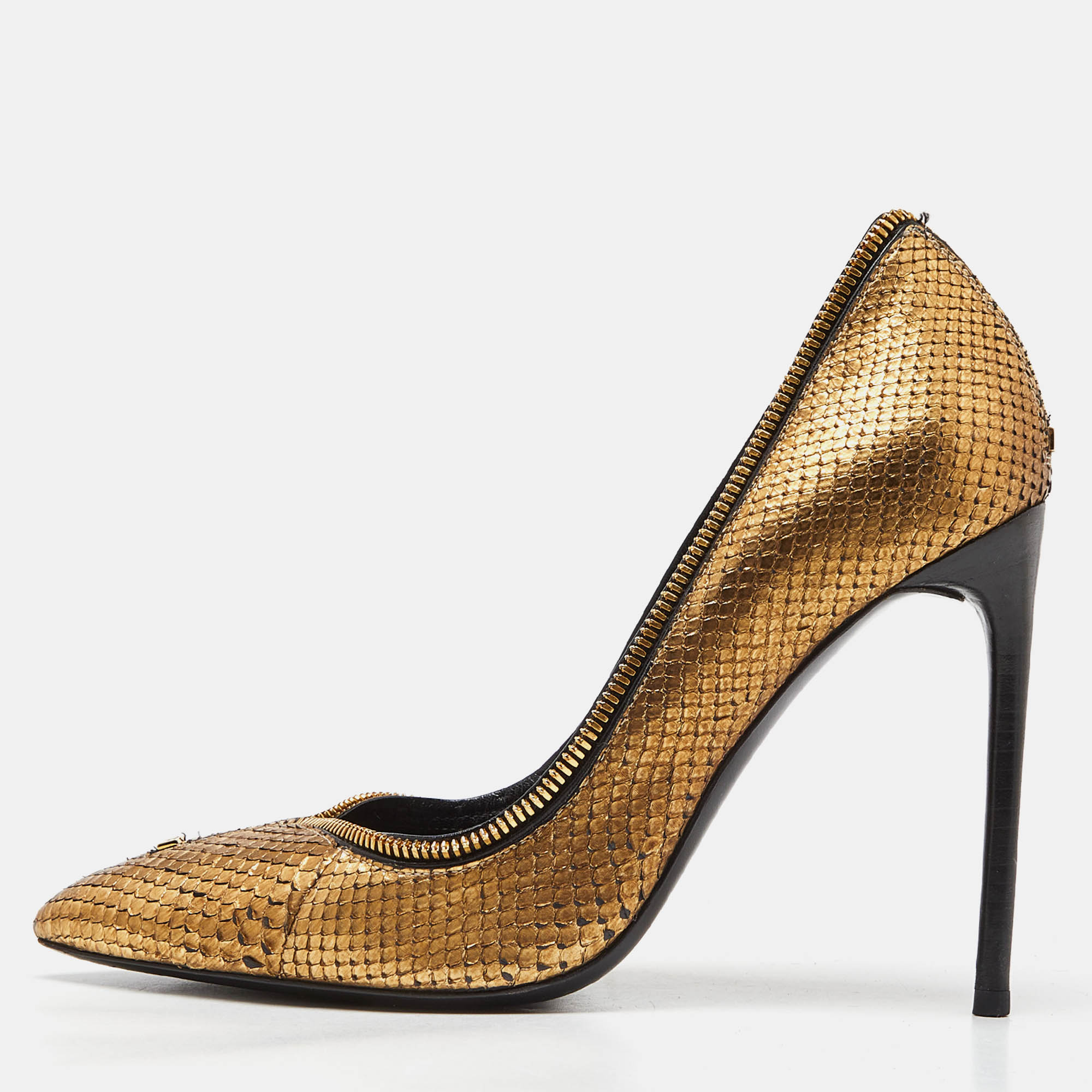 Pre-owned Tom Ford Gold Python Zipper Detail Pumps Size 37