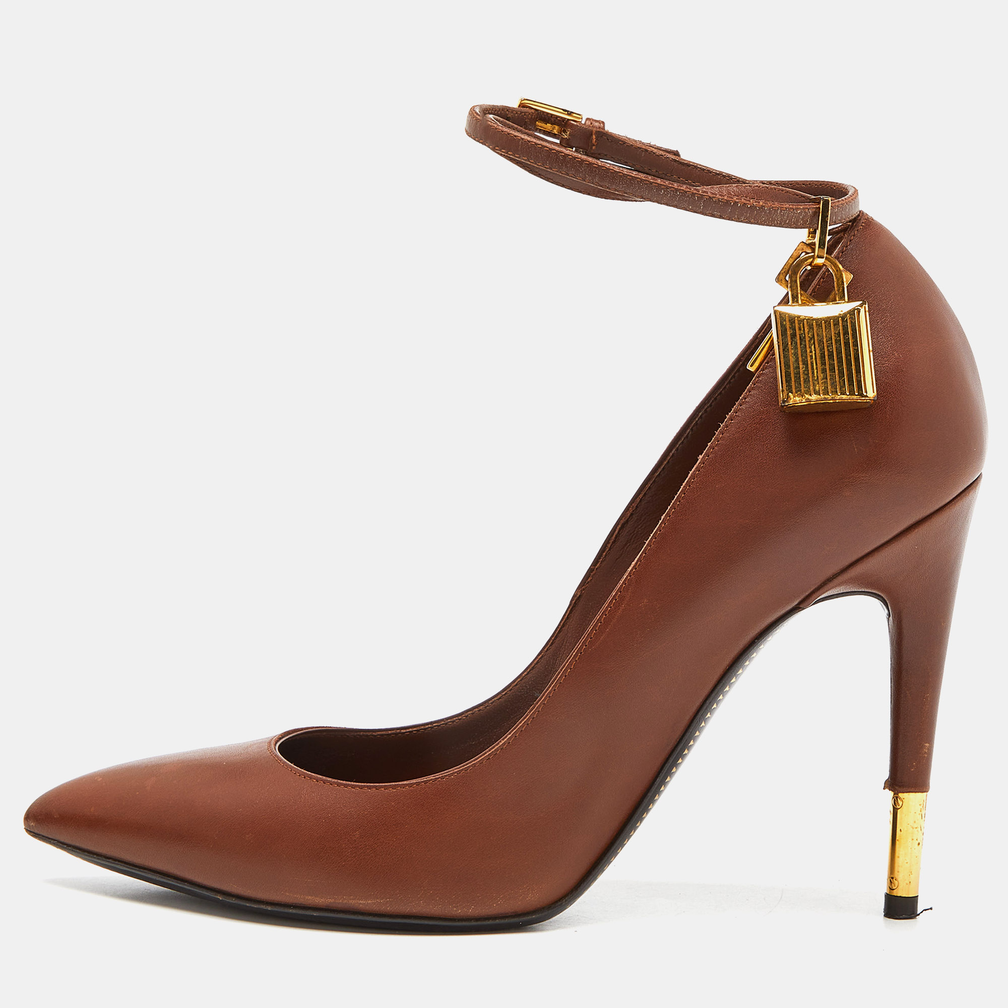 Pre-owned Tom Ford Brown Leather Padlock Pointed Toe Pumps Size 37.5