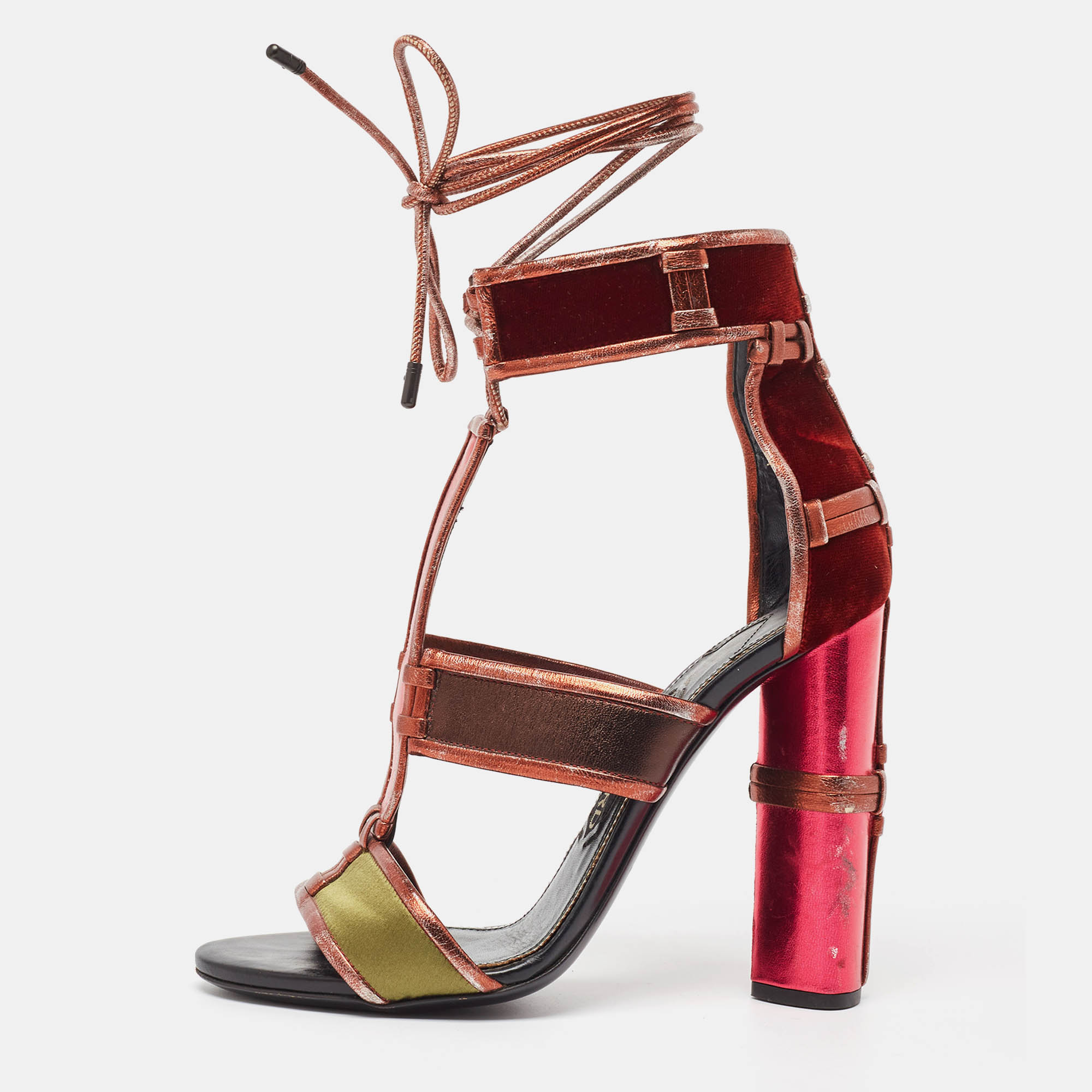

Tom Ford Multicolor Leather and Denim Patchwork Ankle Strap Sandals Size
