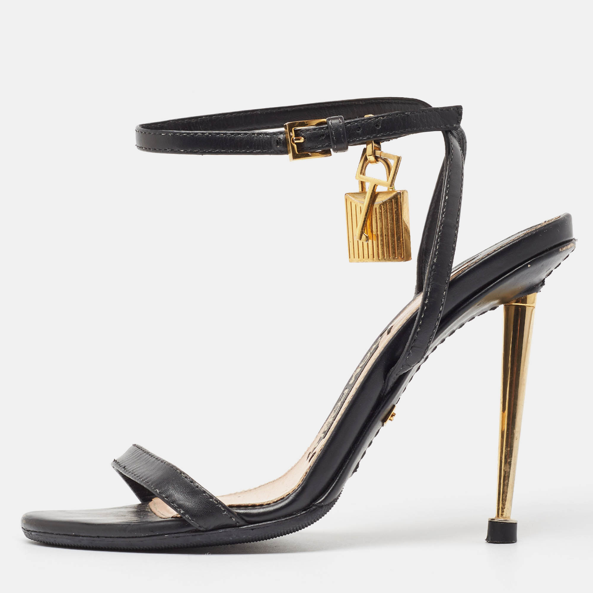 

Tom Ford Black Leather Padlock Ankle Wrap Sandals Size