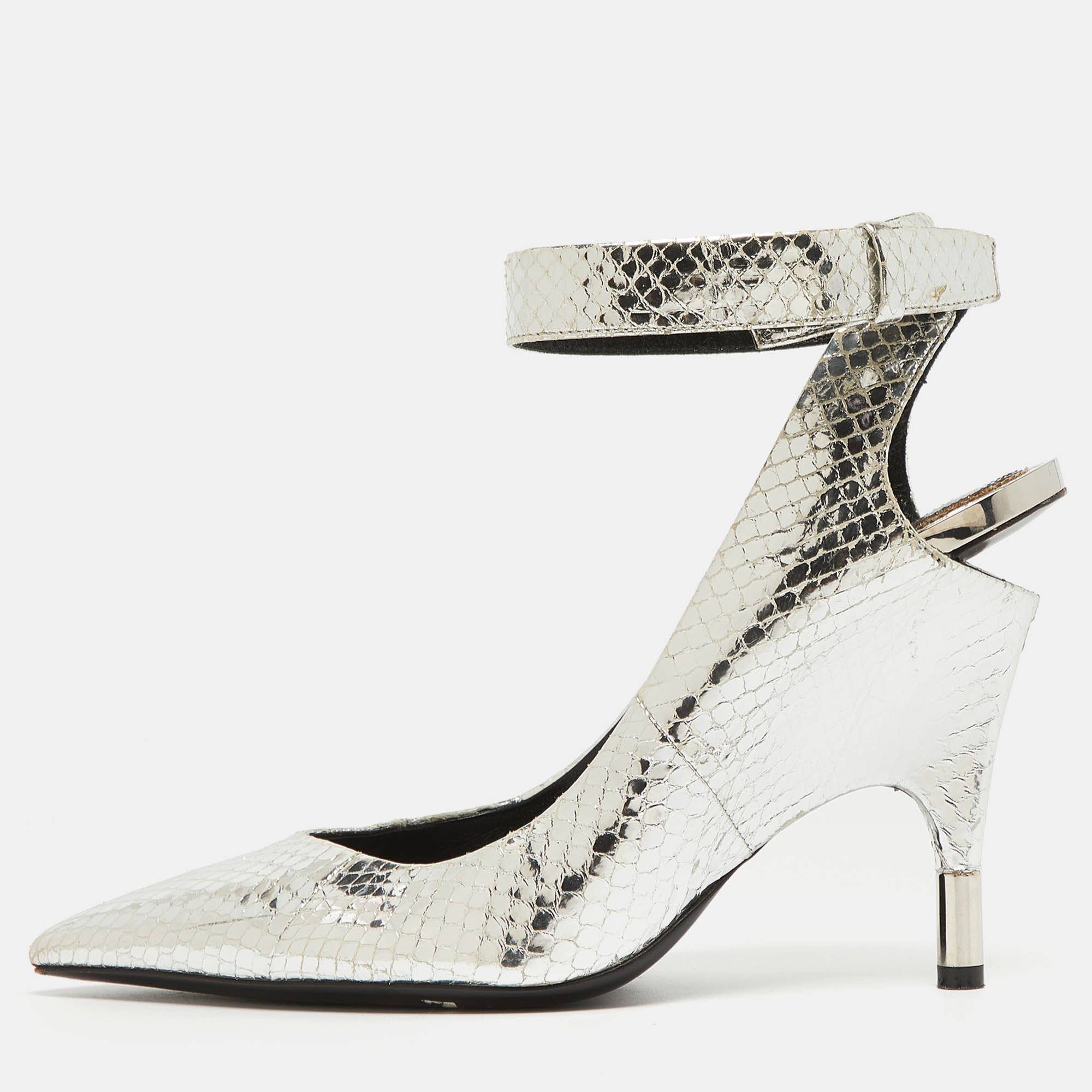Pre-owned Tom Ford Silver Python Embossed Leather Ankle Strap Pumps Size 38