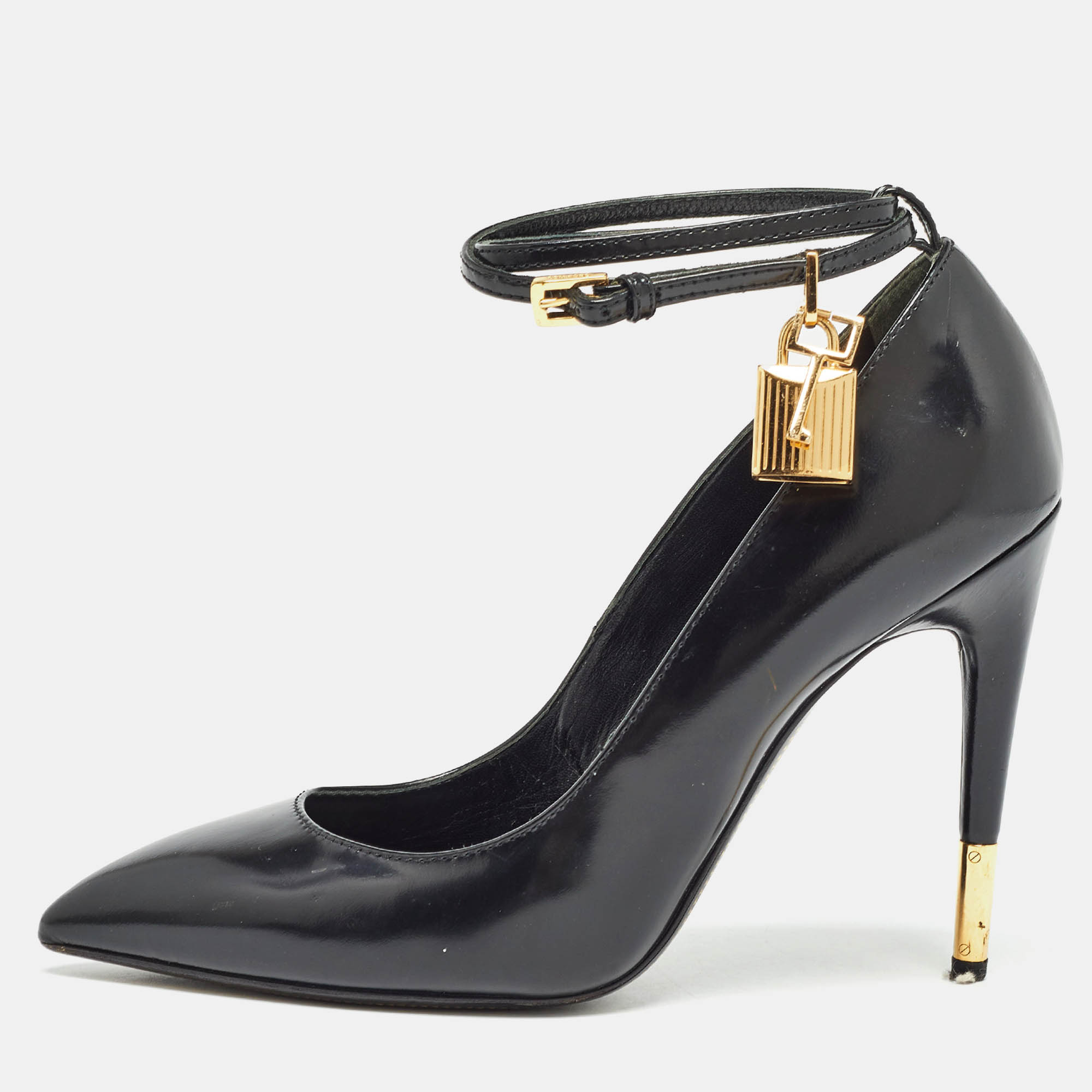 Pre-owned Tom Ford Black Glossy Leather Padlock Pumps Size 37