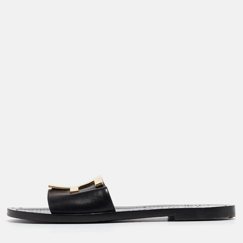 Pre-owned Tom Ford Black Leather Tf Flat Slides Size 38