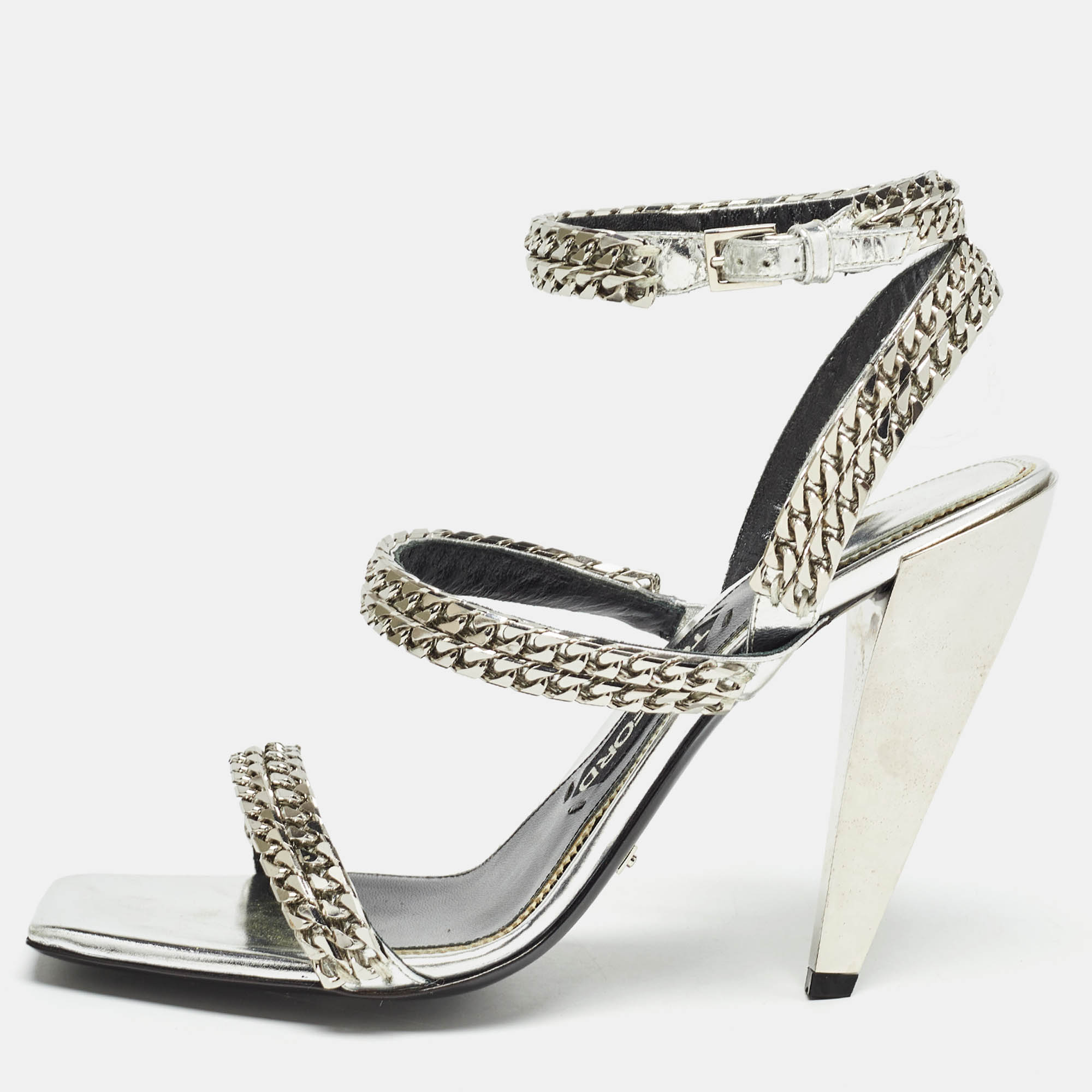 

Tom Ford Metallic Silver Leather Chain Embellished Ankle Strap Sandals Size